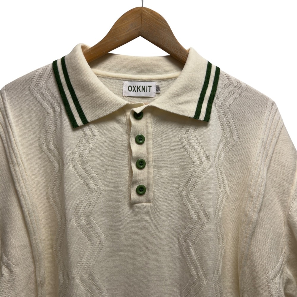 OXKNIT Men's 2XL Cream Sweater Polo Shirt Knit Chevron Textured Short Sleeve euc